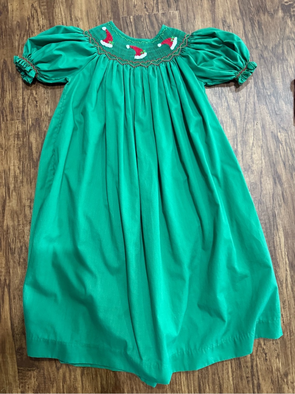 Girls' Emerald Smocked Puff-Sleeve Dress with Santa Hat Embroidery